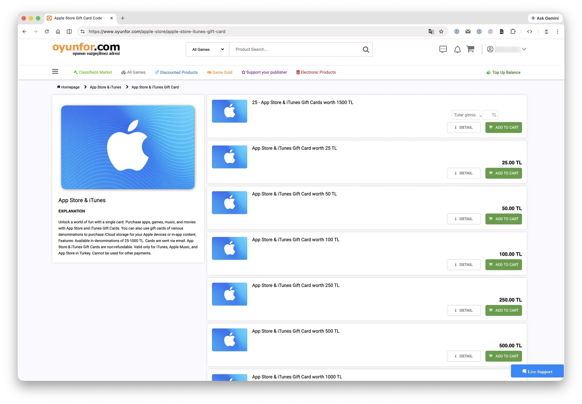 Oyunfor gift card selection page